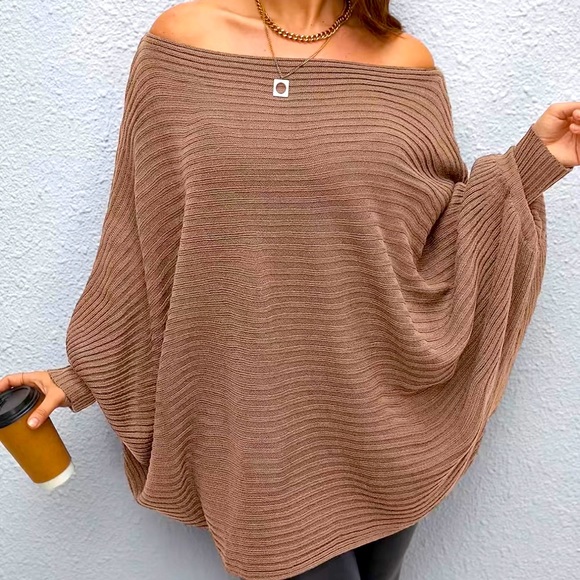 Sweaters - New!Plus Size Rib Knit Off Shoulder Batwing Sleeve Loose Fit Sweater